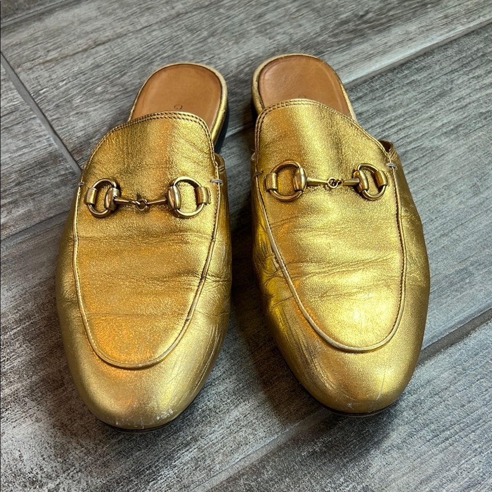 Gucci Gold Slip-On mules with Buckle Detail